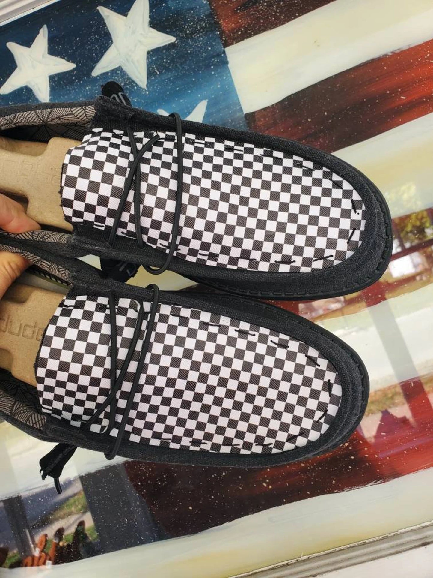 Racing checkered flag hey dudes Custom Hey dude shoes FREE SHIP image 0