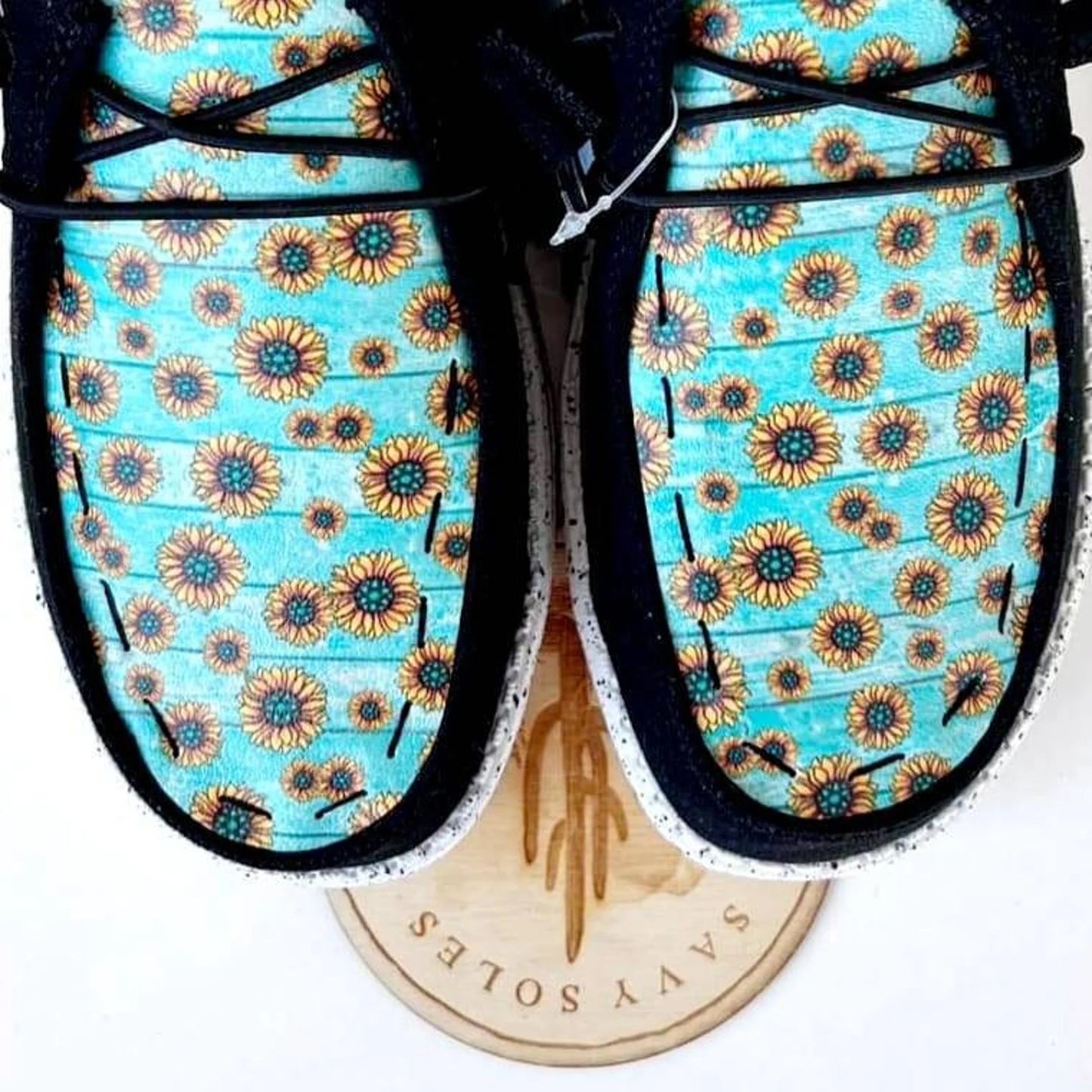 Turquoise Wood grain Sunflower sun flowers summer Custom Hey Dude Shoes image 1