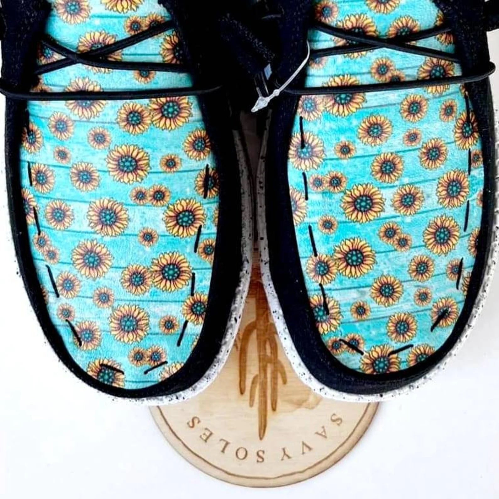 Turquoise Wood grain Sunflower sun flowers summer Custom Hey Dude Shoes image 1