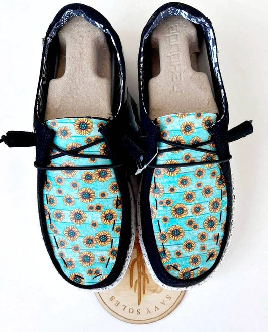 Turquoise Wood grain Sunflower sun flowers summer Custom Hey Dude Shoes image 0