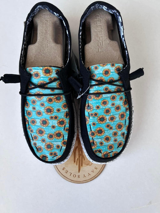 Turquoise wood Sunflower leopard cheetah print hey dudes. image 0