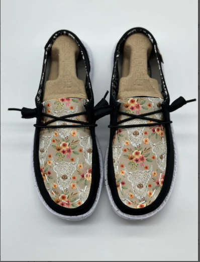 Custom Highland Cow Hey Dude Shoes: Western Floral Design