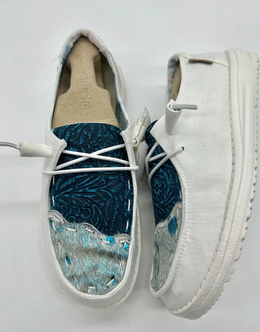 Custom Aqua Metallic Leather Dude Shoes with Cow Fur
