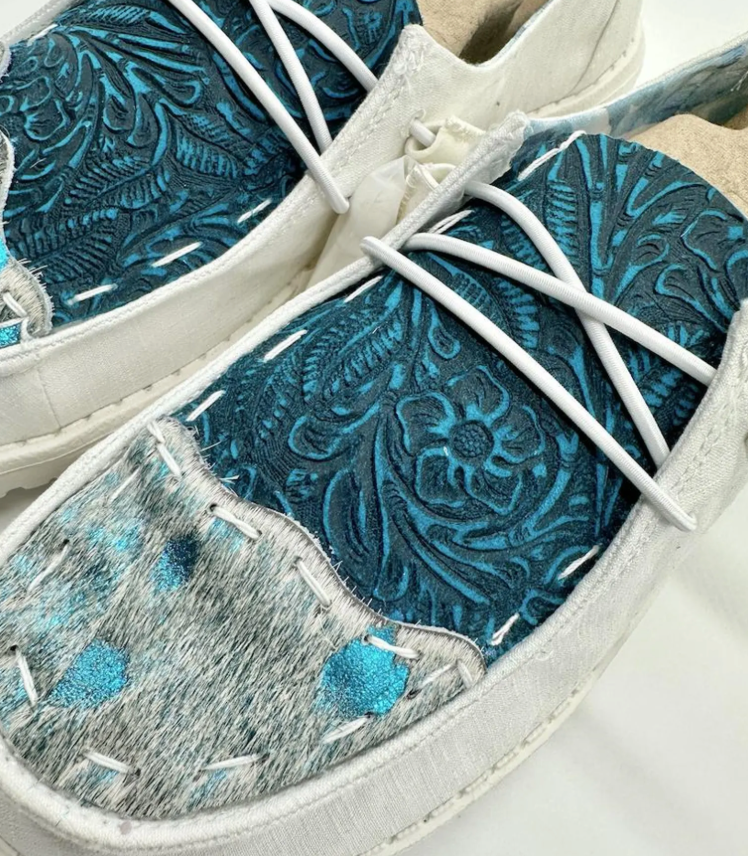 Custom Aqua Metallic Leather Dude Shoes with Cow Fur